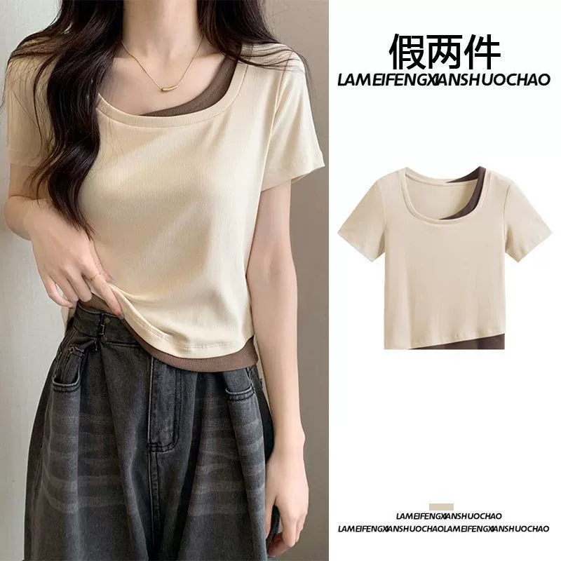 Женская футболка с коротким рукавом, имитация двухслойного дизайна, уникальный стиль, универсальная, чистый и сексуальный стиль, облегающий крой, укороченный топ, большие размеры, дизайн с цветовыми блоками.