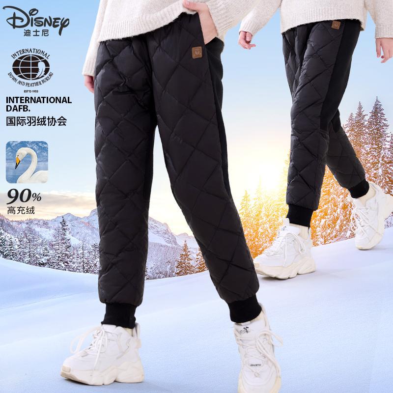 Girls' down-filled pants, children's trousers, winter wear, fleece-lined, warm, thickened, white duck down, casual pants for medium and large children.