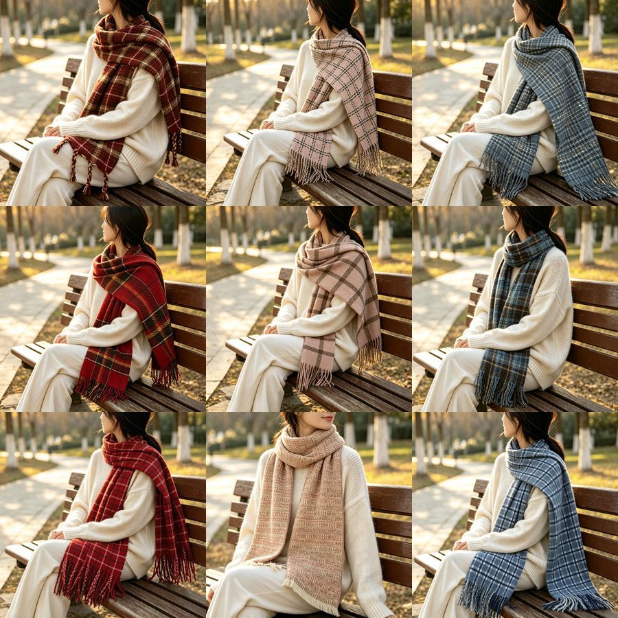 2026 new collection: circular yarn scarf with faux cashmere and tassel detailing, featuring a plaid pattern, available in multiple styles for women, offering a luxurious and warm shawl or neck wrap for autumn and winter