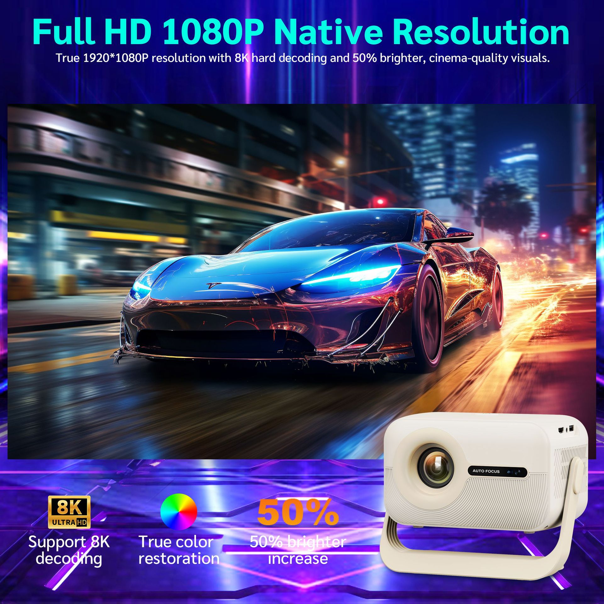1080P Auto Focus Portable Smart Projector Android Home Theater Cross-border Best-selling High Definition 400 Lumens