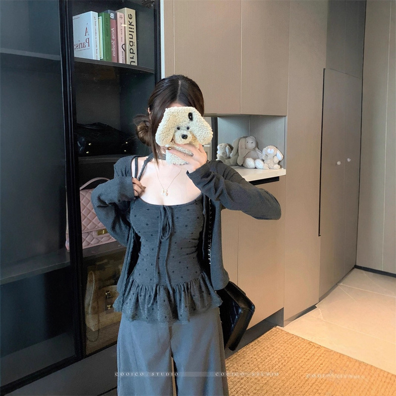 实拍 2025秋季韩版针织开衫女波点蝴蝶结绑带吊带打底衫两件套女|undefined