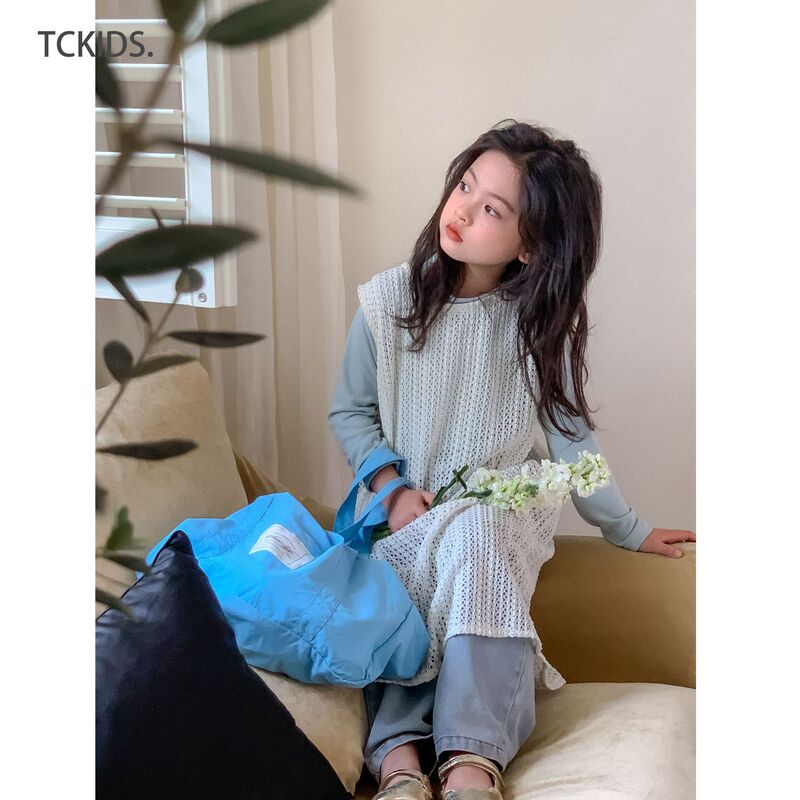 Tckids Spring Hollow Out Sleeveless Vest Dress with Overskirt Layered Vacation Long Dress