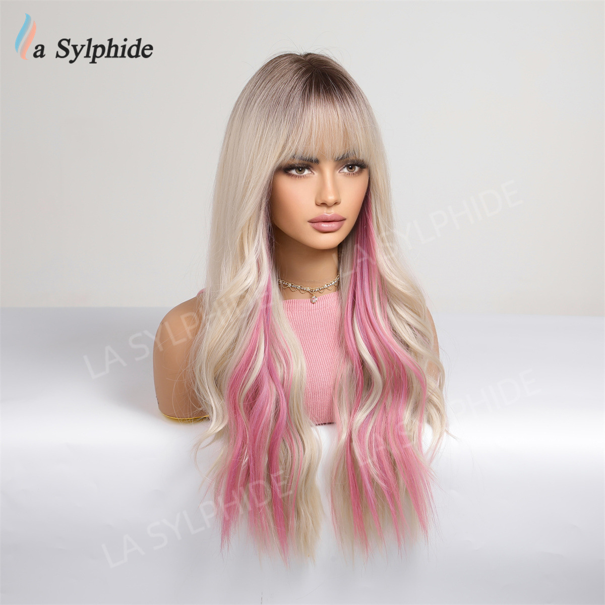 Temu cross-border Long curly hair wig women's bangs pink white gold rose net full head cover Long wig