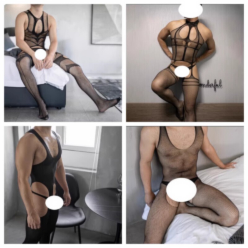 Cross-Border Men's Erotic Lingerie Hollow-Out Open-Crotch Mesh Bodysuit for Gay Men, M-Style Teasing Sexy Fishnet Clothing