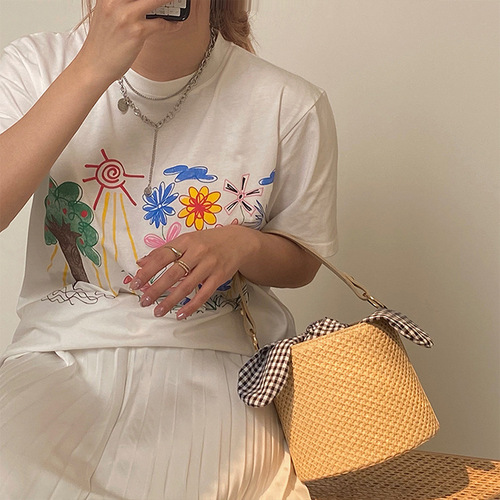  New Butterfly Bow Grid Wicker Bucket Bag Fashion Versatile Single Shoulder Crossbody Charming Wicker Handbag for Women