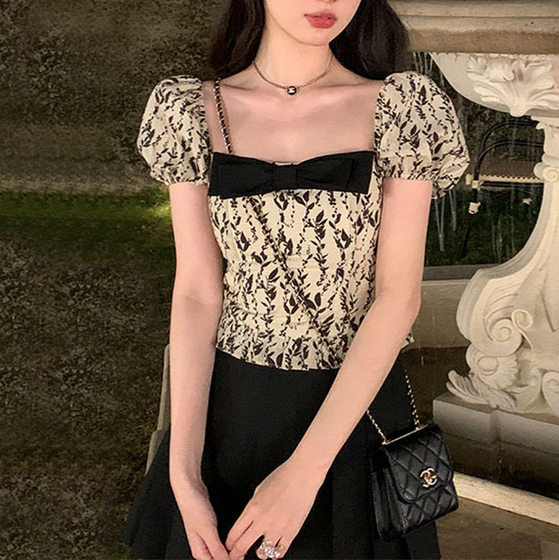 French Retro Square Collar Chanel Style Bow Shirt Women's Niche Design High-end Short Floral Top for Summer