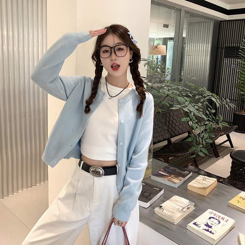 Blue Cardigan for Women 2025 New Spring and Autumn Outerwear Early Autumn Knitted Sweater with a High-End, Lazy and Stylish Look