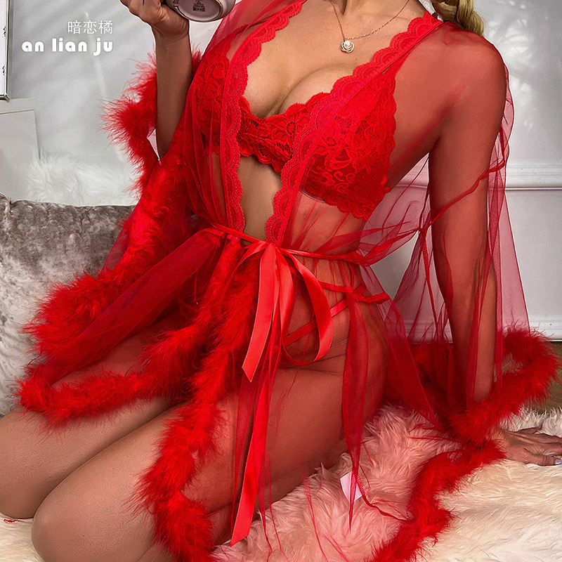 Source Factory Sexy Lace Nightgown Mesh See-Through Fur Patchwork Large Cuffs Bathrobe Loungewear Wholesale 315