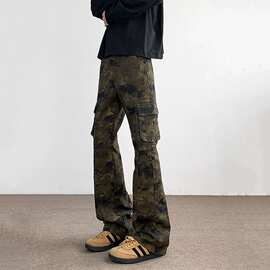 复古迷彩大口袋牛仔裤男款高街机能cleanfit修身微喇叭弯刀工装裤