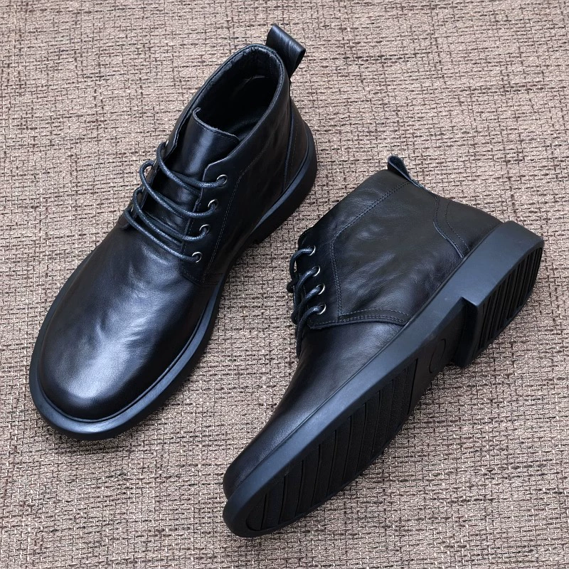 Мужские деловые высокие кожаные туфли из натуральной кожи, осенние ботинки Мартин на шнуровке, повседневные зимние кожаные ботинки средней высоты на толстой мягкой подошве с флисовой подкладкой