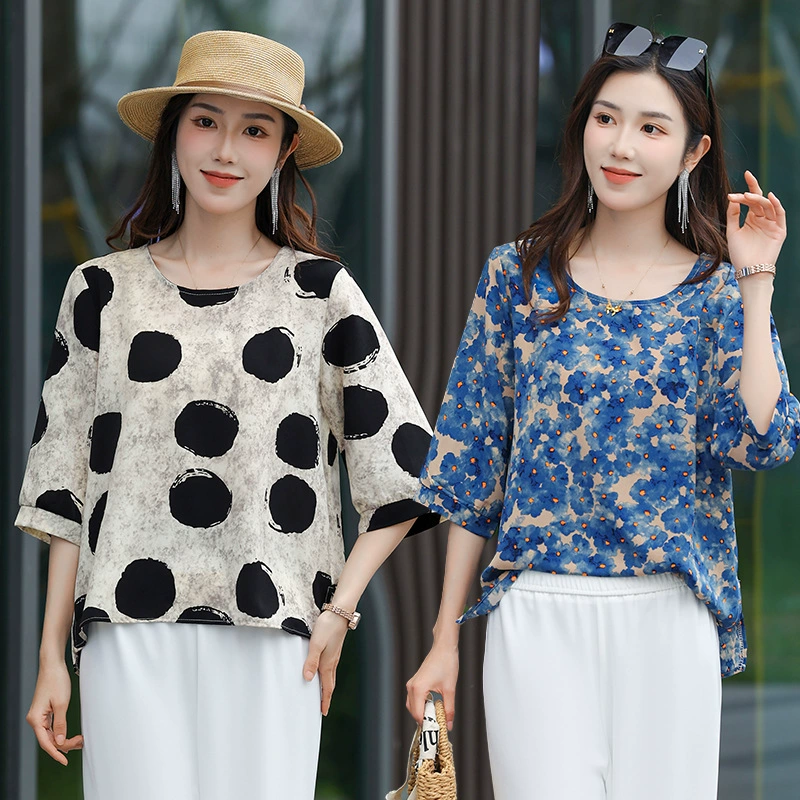 2025 новых летних стильных утягивающих топов с принтом для женщин среднего возраста, шифоновые рубашки с круглым вырезом, свободные, больших размеров