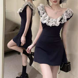 甜辣风小飞袖拼接连衣裙女夏季无袖辣妹包臀裙收腰显瘦纯欲风短裙