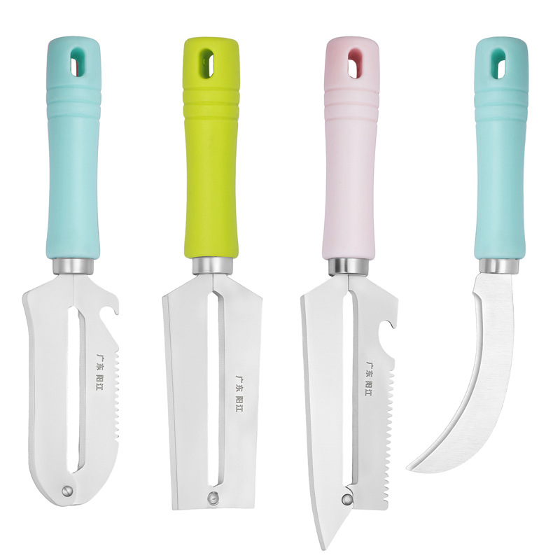 Pelador y cuchillo de frutas de acero inoxidable con mango de colores herramienta de cocina multifuncional para uso doméstico