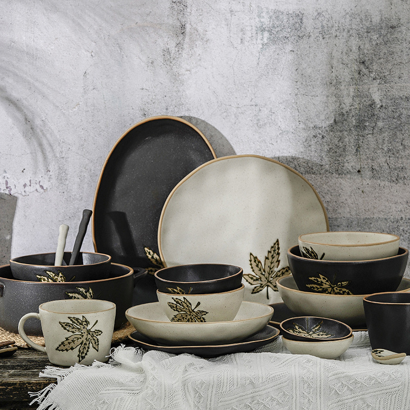 Bowl dish suit household Maple Leaf vintage stoneware tableware high-grade Japanese Bowl plate Chinese light luxury Rice Bowl plate