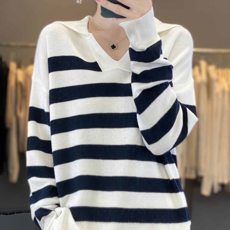 Striped Navy Collar Soft Waxy Knitwear Women's Loose Lazy Lapel Knitwear Large Size Top Shirt Manufacturer 2025 Autumn Style