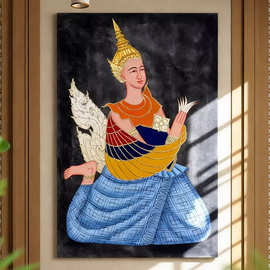 泰国东南亚风格手工绘制人物装饰画玄关走廊泰式spa馆壁饰壁画