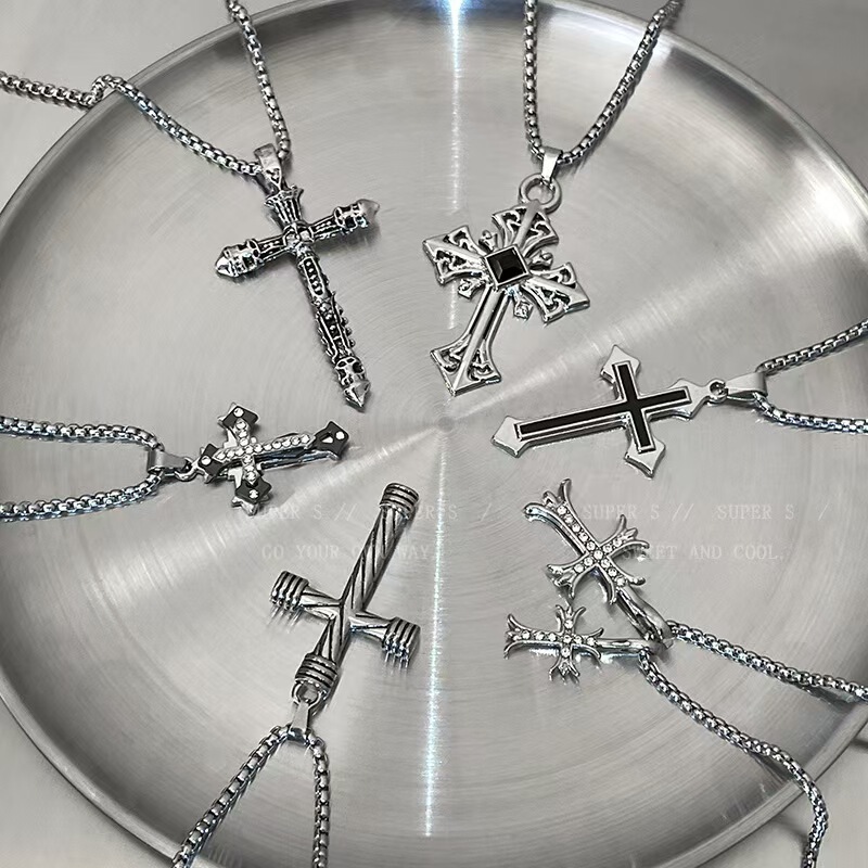 Titanium Steel Long Non-Fading Cross Necklace Ins Hip-Hop Men's Trendy Sweater Chain Niche Design Sweatshirt Chain for Women