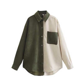 跨境欧美女装速卖通爆款灯芯绒拼色宽松休闲长袖衬衫