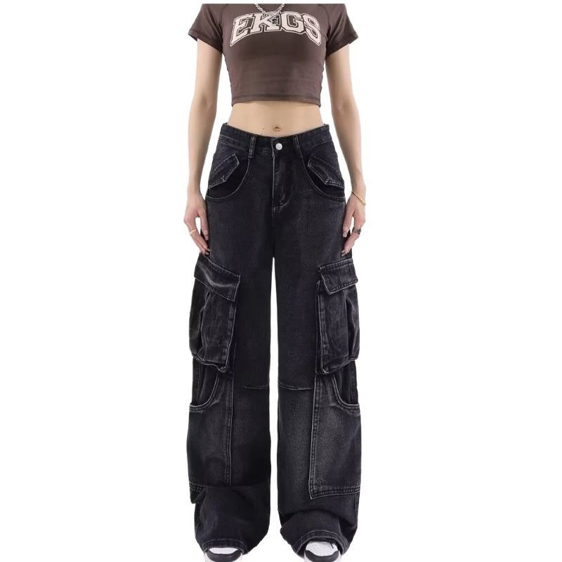 Diseño de estilo americano de la calle alta, pantalones jeans de primavera y otoño, pantalones de cintura alta retrógrados, pantalones de piernas anchas sueltos