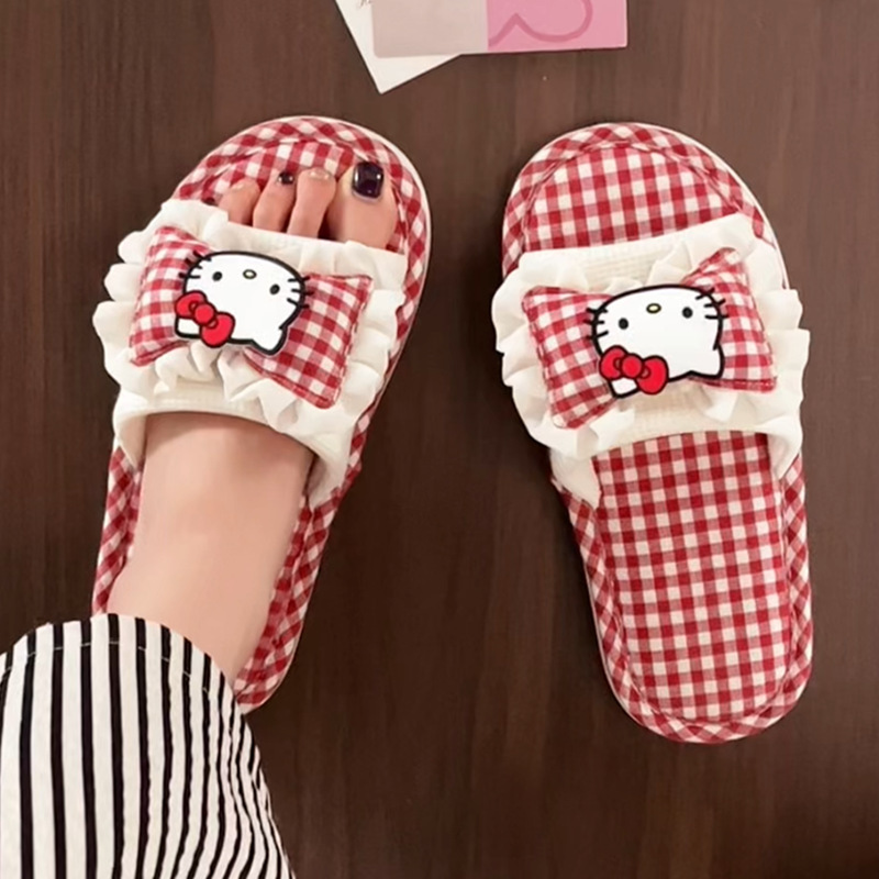Hello Kitty Cat Cartoon Cute Four-Season Linen Slippers for Women's Home Indoor Breathable Non-Slip Cotton and Linen Slippers