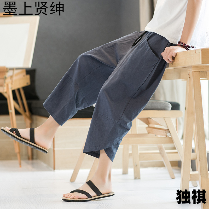 Pantalones recortados de algodón y lino de estilo chino de verano, pantalones anchos retro, pantalones cortos de lino de estilo chino casual de gran tamaño, hombres