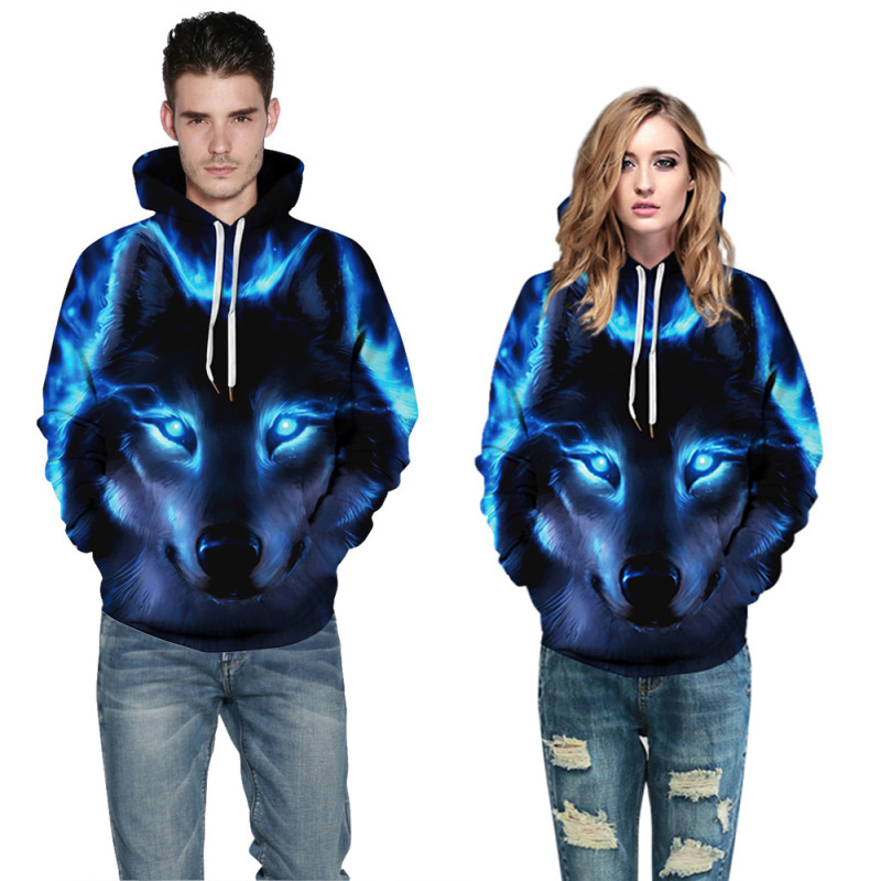 Cross-Border Popular Luminous Wolf Digital Print Hooded Sweatshirt Couple Outfit Hoodie Sports Sweatshirt Men's Clothing Cross-Border Popular Luminous Wolf Digital Print Hooded Sweatshirt Couple Outfit Hoodie Sports Sweatshirt Men's Clothing
