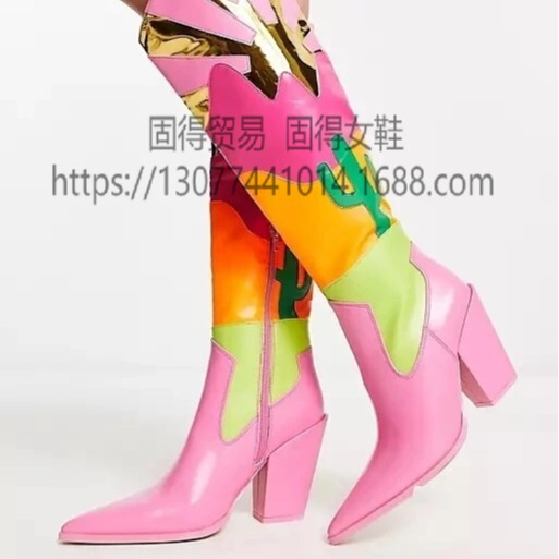 Cross-border independent station ins fashion catwalk chunky heel multi-color stitching Boots women's shoes Cowboy Boots AliExpress