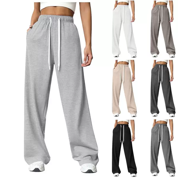 Amazon new side pocket elastic waist pants with rope solid color straight tube wide leg fleece padded pants