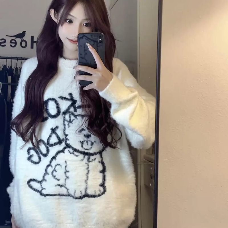 2026 autumn and winter new thickened sweater mink fleece warm inner and outer wear knit sweater for high school and middle school students