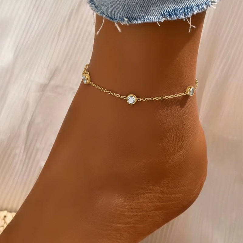 Three-Diamond Bubble Single-Diamond Anklet for Women, 18K Gold-Plated Stainless Steel Diamond Bracelet for Women, Light Luxury Fashion Versatile Design