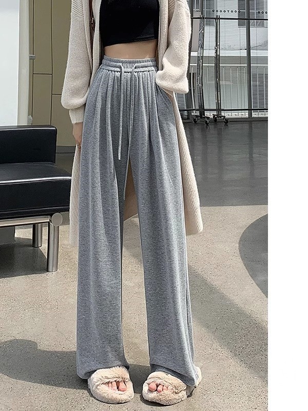 濃い灰色のニットのもち米のズボンの女性の春と秋の新型のハイウエストの垂れ下がった感の広い足のズボンのまっすぐな筒のゆったりしているカジュアルなモップのズボン|undefined