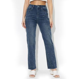 European and American Foreign trade retro JEANS heavy industry rhinestone Burr straight slim design fashionable all-match new JEANS