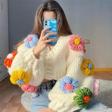 手工立体钩花花朵灯笼袖甜美宽松慵懒加厚保暖毛衣开衫外套
