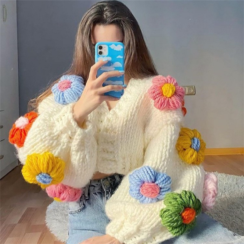 手工立体钩花花朵灯笼袖甜美宽松慵懒加厚保暖毛衣开衫外套