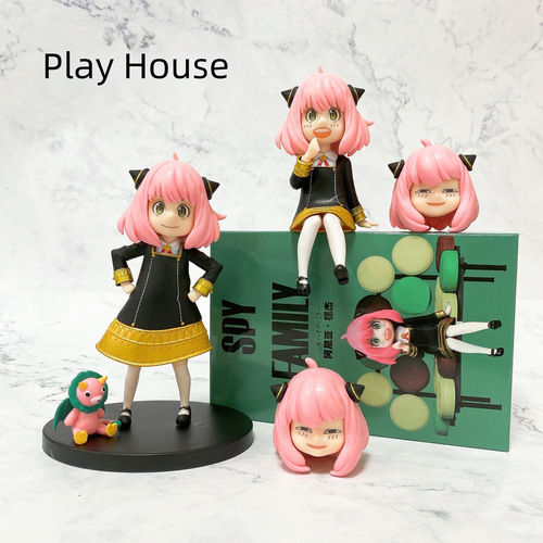 Action Figure of Spy Family Anime, Interchangeable Heads, Ania and Fudge Dual-Head Sculpt, Standing and Sitting Poses, Cute Decor