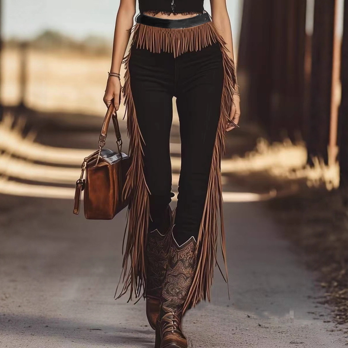 European and American Autumn Women's Tassel Casual Pants Solid Color Slim Trousers