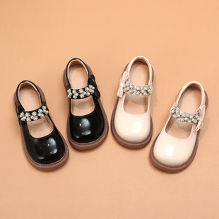 2023 black girls' leather shoes autumn single-layer shoes Children's princess shoes British style soft sole shoes 223863 generation hair