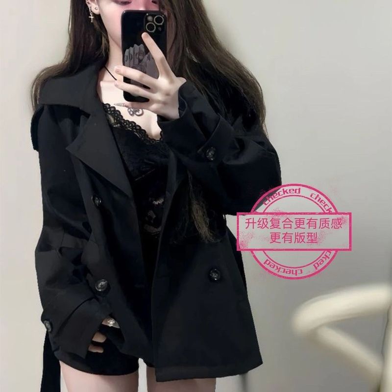 英伦风短款风衣黑色双排扣女小个子秋冬收腰小香风外套赫本风|undefined