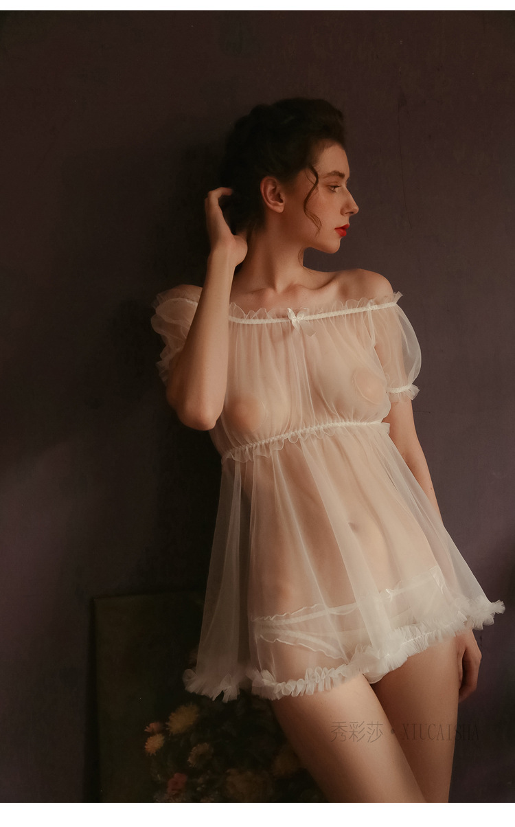 Sheer Mesh Babydoll Nightdress with Matching Panty, Pink One Size — detail image 15