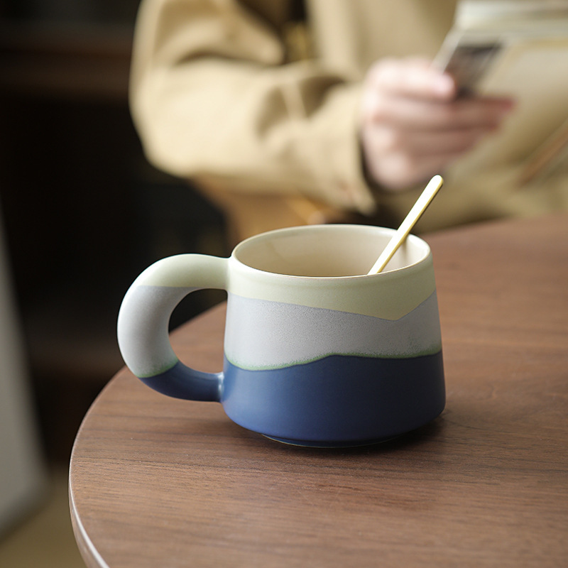 釉画三彩陶瓷咖啡杯渐变复古粗陶咖啡杯轻奢高级感美式拿铁咖啡杯|undefined