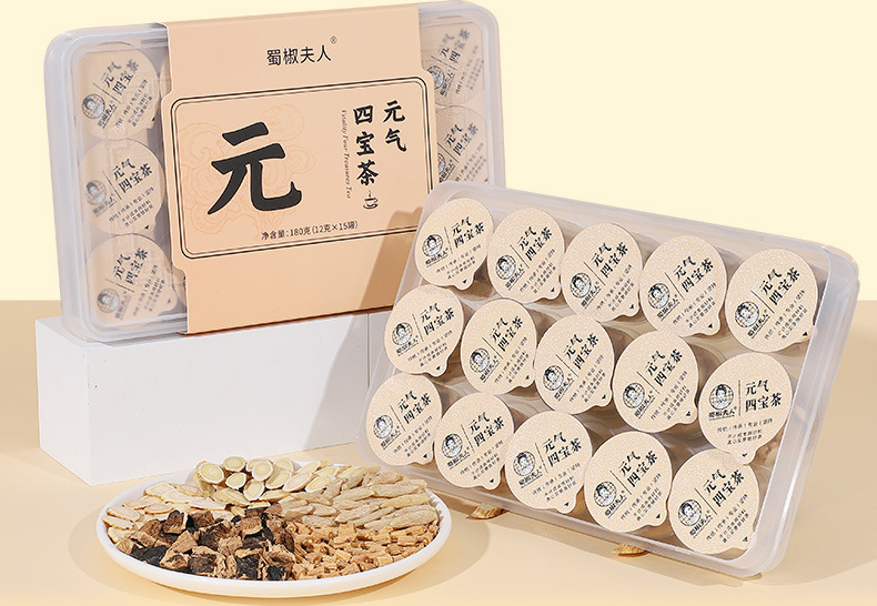 Yuanqi Sibao Tea Energy Four Treasure Herbal Tea Bags Mai Dong Huang Qi Dang Shen Xi Yang Shen 180g in use