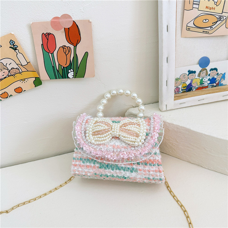 Colorido lentejuelas de los niños bolsa arco accesorios princesa estilo occidental perla bolso coreano mini cadena mensajero bolsa