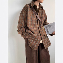 春秋季日系复古毛呢料条格工装衬衫男女生学院风简约休闲长袖上衣