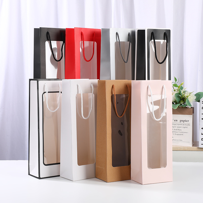 520单支鲜花礼品袋 情人节长方形包装袋 开窗手提礼品袋白卡纸袋