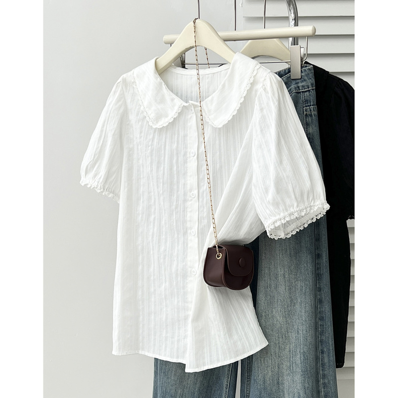 Plus-Size Women's Summer New Style Youthful Sweet Lace Doll Collar Short-Sleeve Shirt 100kg Blouse Top 0203