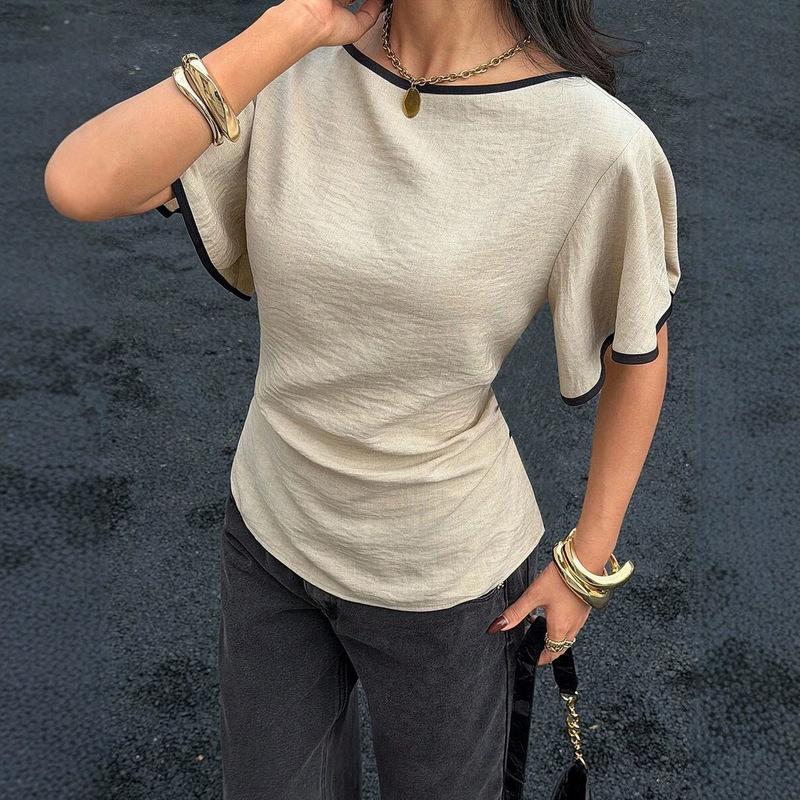 European and American style color-blocked boat neck short-sleeve T-shirt with back tie and waist-cinching design, unique and stylish base shirt European and American style color-blocked boat neck short-sleeve T-shirt with back tie and waist-cinching design, unique and stylish base shirt