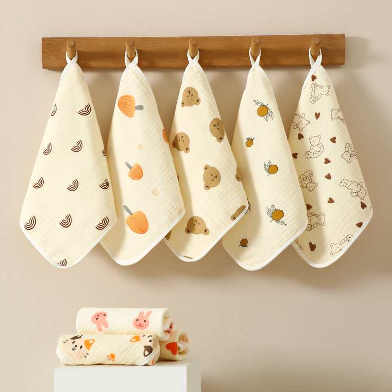 Hanging small square towel, Class A pure cotton gauze square towel, absorbent cartoon baby face towel, children's supplies