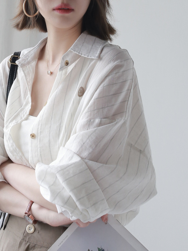 2025 ゆったり薄手日焼け止め服ストライプ綿麻長袖シャツミドル丈レトロアウタートップ|undefined