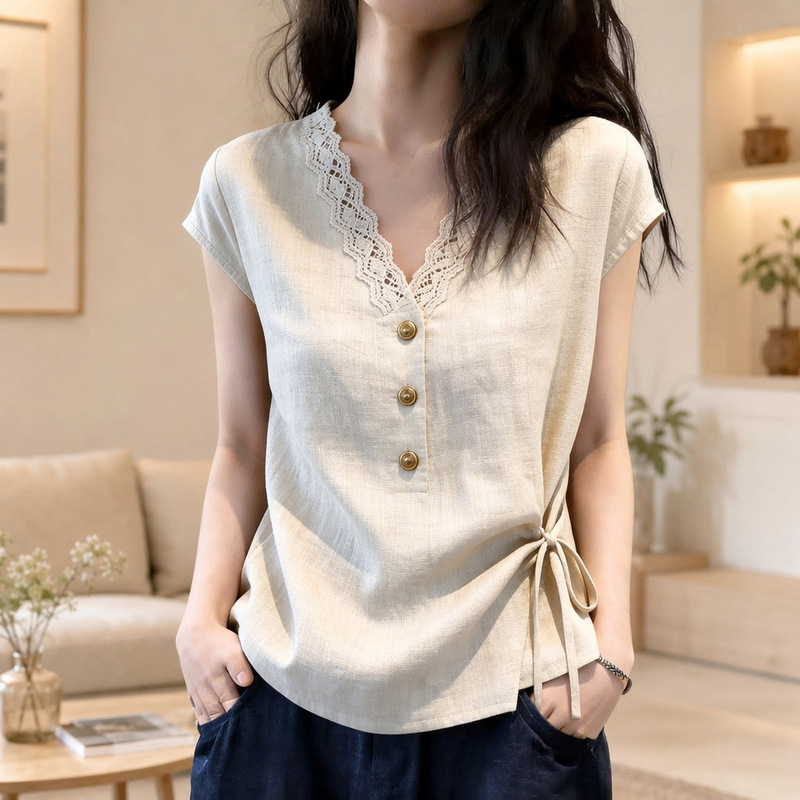 Light Mature Style V-Neck Lace Splicing Short-Sleeved Shirt for Women, New Summer Style, Waist-Cinching Tie, Elegant Short-Sleeved T-Shirt for Women A12470
