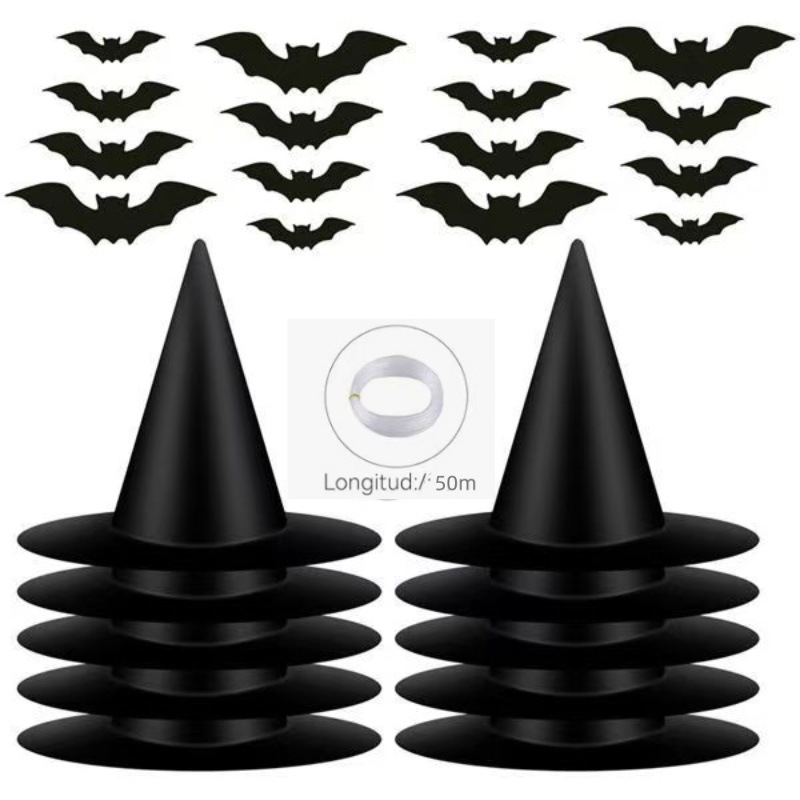 هالوين قبعة السحرة زينة حفلة الساحرة الساحرة قبعة ساحرة سوداء مع خطوط الصيد والخفافيش